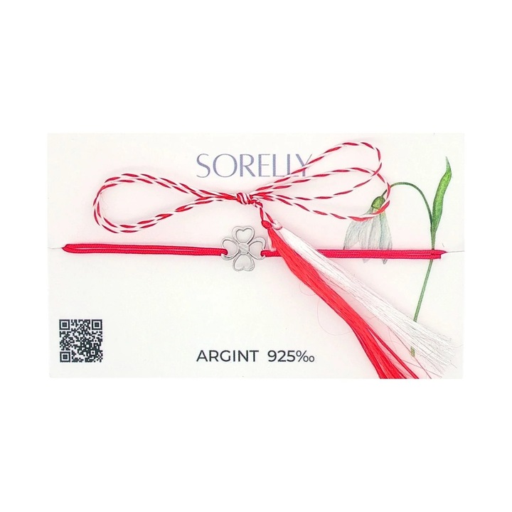 Brățară Argint, SORELLY, Șnur și Trifoi, Rosu / Argintiu