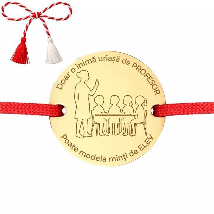 Bratara Martisor SORELLY Argint Placat cu Aur 14k, Snur Reglabil, Banut Profesor 1.1 cm