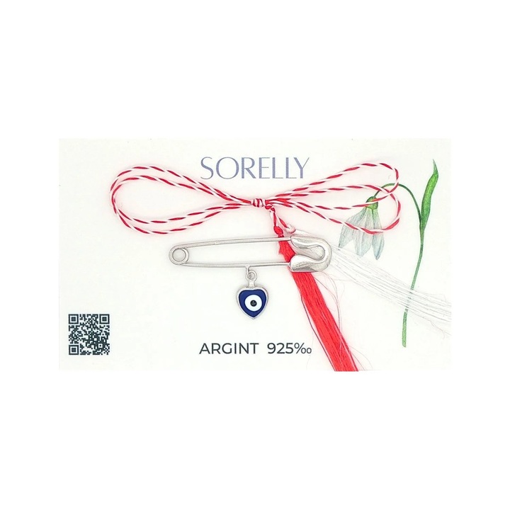 Brosă Argint SORELLY Agrafă cu Ochi de Deochi și Inimă, 0.7x3.6cm