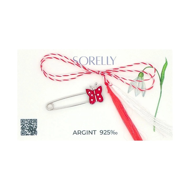 Martisor Brosa Argint Tip Agrafa Fluture Rosu