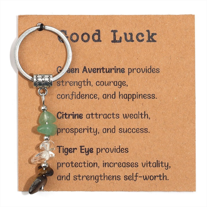 Kulcstartók természetes kristályokból, 3 témakészlet: Új kezdetek, Szorongás enyhítése, Szerencse, 2.2"x0.8"