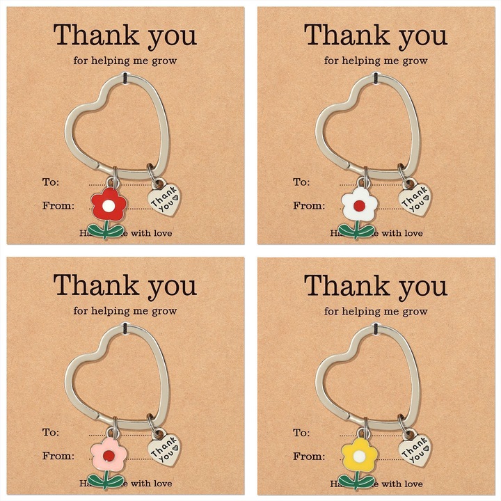 Kulcstartók tanároknak, elismerő ajándék, virág-alma-szív design, rozsdamentes acélból, szett