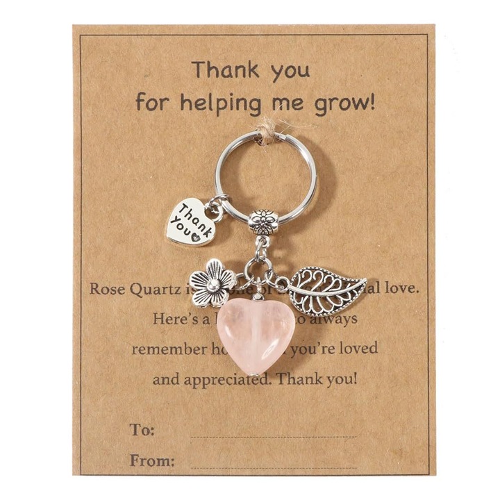 Kulcstartó természetes kővel, szív alakú, elismerő ajándék tanároknak, 3.6x0.8 hüvelyk, rózsaszín