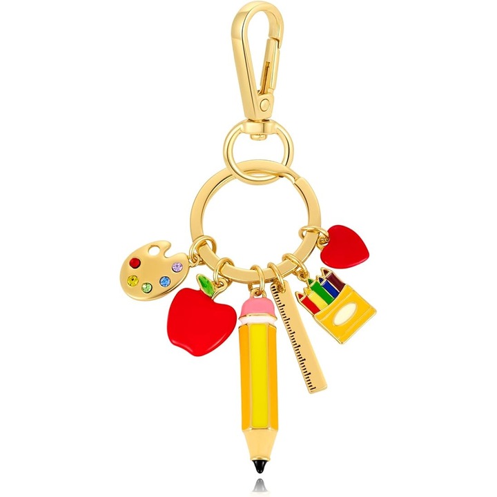 Iskolai témájú kulcstartó szett - "Köszönöm, hogy segítettél felnőni", 12 cm, alma, ceruza, vonalzó, szív, paletta dizájnnal