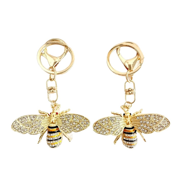 Kulcstartó szett 2 darabos, elegáns arany méhecske design, csillogó kristályok, kiegészítők férfiaknak és nőknek