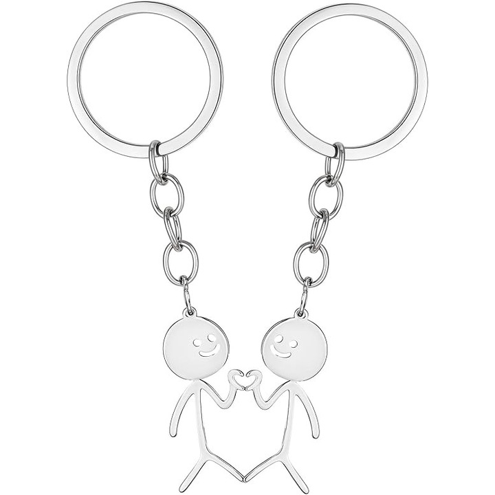 2 darab szív alakú kulcstartó szett, rozsdamentes acél, 10 cm, ezüst