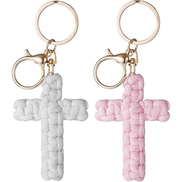 Kulcstartó szett 2 db, makramé keresztek, vallásos kiegészítők, puha pamut, 3 hüvelyk