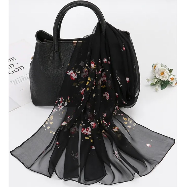 Esarfa dama IZMAEL, poliester, negru, 160x50cm, motive florale