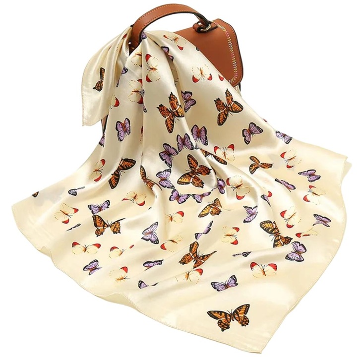 Esarfa dama, Izmael BU-33849, fluturi colorati, bej, 60x60cm