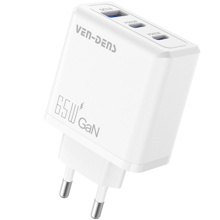 Adaptator GaN Rapid de Incarcare cu 3 Porturi - 65W - Alb