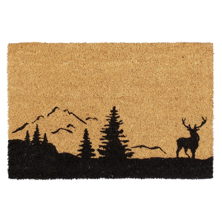 Pres intrare din fibra de cocos cu model cerb si munti, stergator picioare antiderapant pentru exterior si interior, rezistent la murdarie, 60 x 40 cm