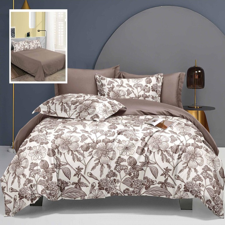 Lenjerie de pat Ralex Elegance, set 6 piese, 60% bumbac, multicolor, Cearșaf pat 230x250cm, Cearșaf pilotă 200x230cm, Fete perna 70x70cm și 50x70cm