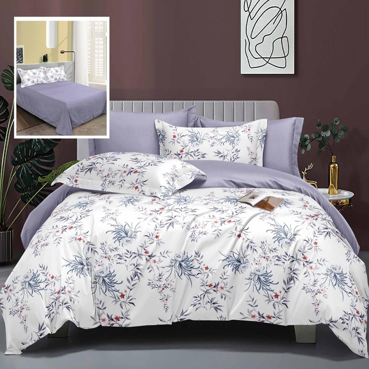 Lenjerie de pat Ralex Elegance 6 piese, bumbac/poliester, multicolor, cearceaf 230x250cm, fete perna 70x70cm si 50x70cm