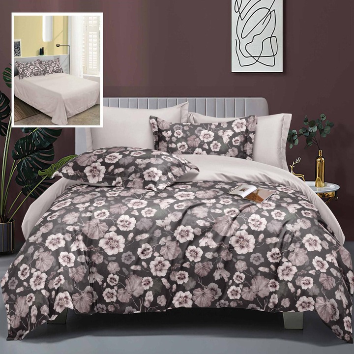 Lenjerie de pat Ralex Elegance set 6 piese, 60% bumbac, 40% poliester, multicolor, Cearșaf pat 230x250cm, Cearșaf pilota 200x230cm, Fete perna 70x70cm si 50x70cm