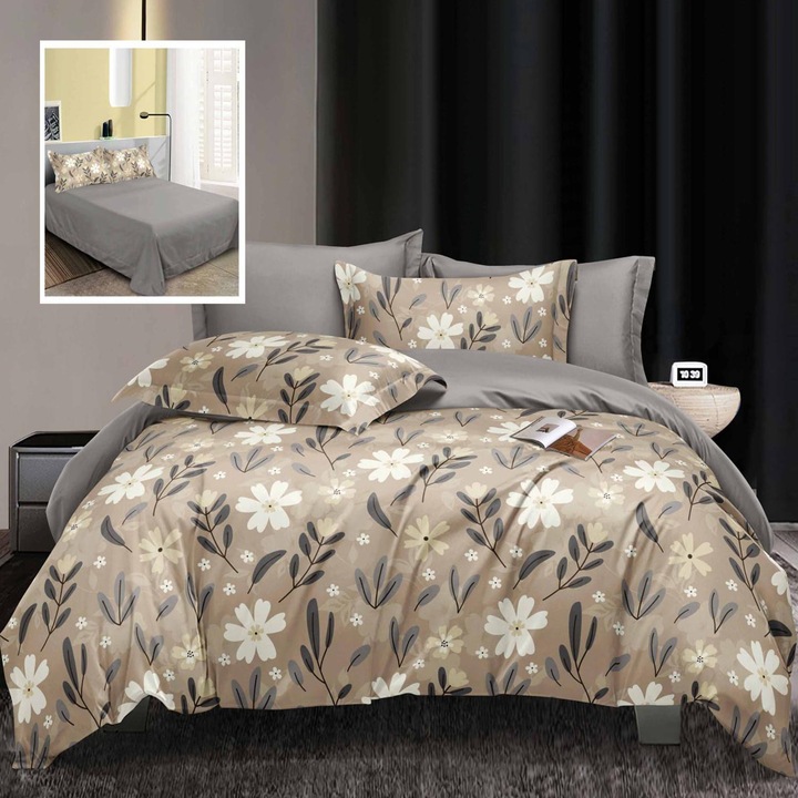 Lenjerie de pat Ralex Pucioasa Elegance, set 6 piese, 60% bumbac, 40% poliester, multicolor, Cearșaf pat 230x250cm, Cearșaf pilota 200x230cm, 2 fete perna 70x70cm, 2 fete perna 50x70cm