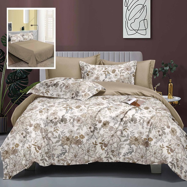 Lenjerie de pat Elegance, Ralex Pucioasa, 6 piese, bumbac 60% poliester, multicolor, Cearșaf 230x250cm, Cearșaf pilotă 200x230cm, Fete pernă 2x70x70cm, 2x50x70cm