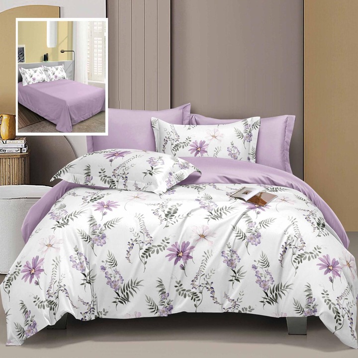 Lenjerie de pat Ralex Pucioasa Elegance, set 6 piese, 60% bumbac, multicolor, cearceaful 230x250cm, fetele de pernă 70x70cm