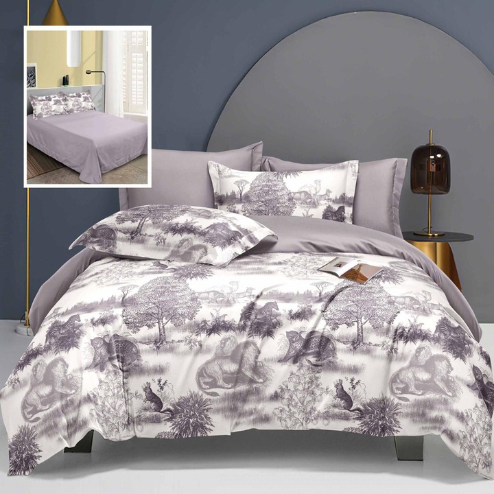 Lenjerie de pat Ralex Pucioasa Elegance, 6 piese, multicolor, 60% bumbac, 40% poliester, 230x250cm, 200x230cm, 2 fete perna 70x70cm, 2 fete perna 50x70cm