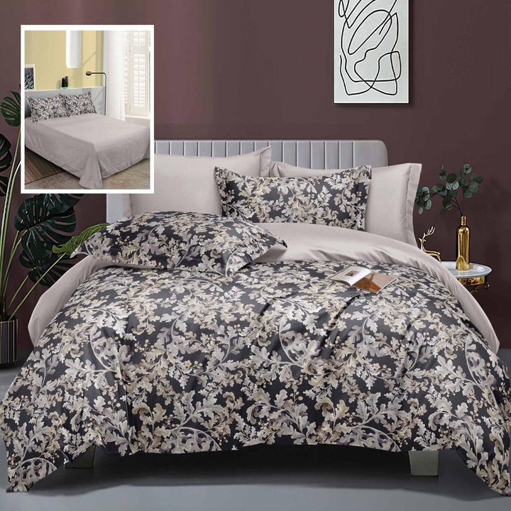 Lenjerie de pat Elegance 6 piese, Ralex Pucioasa, 60% bumbac, 40% poliester, multicolor, Cearșaf: 230x250cm, Cearșaf pilota: 200x230cm, Fete perna: 70x70cm + 50x70cm