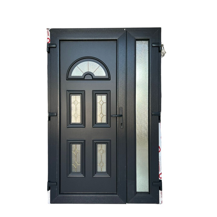 Usa PVC Termopan Antracit Dubla cu Panel decorativ - insertii aurii 140x200cm, Profil 5 Camere, Grosime 7 cm, 3 balamale reglabile, Prag de aluminiu termoizolant, Inchidere multipunct Geam Mat cu model decorativ, Maner+Butuc Incluse