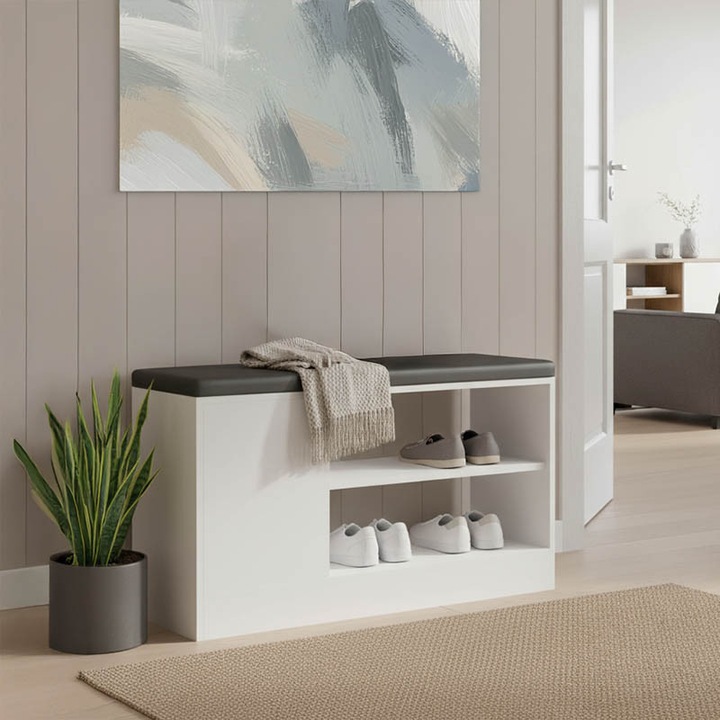 Banca cu suport pantofi Deboule, alb/negru, 90x30x46 cm