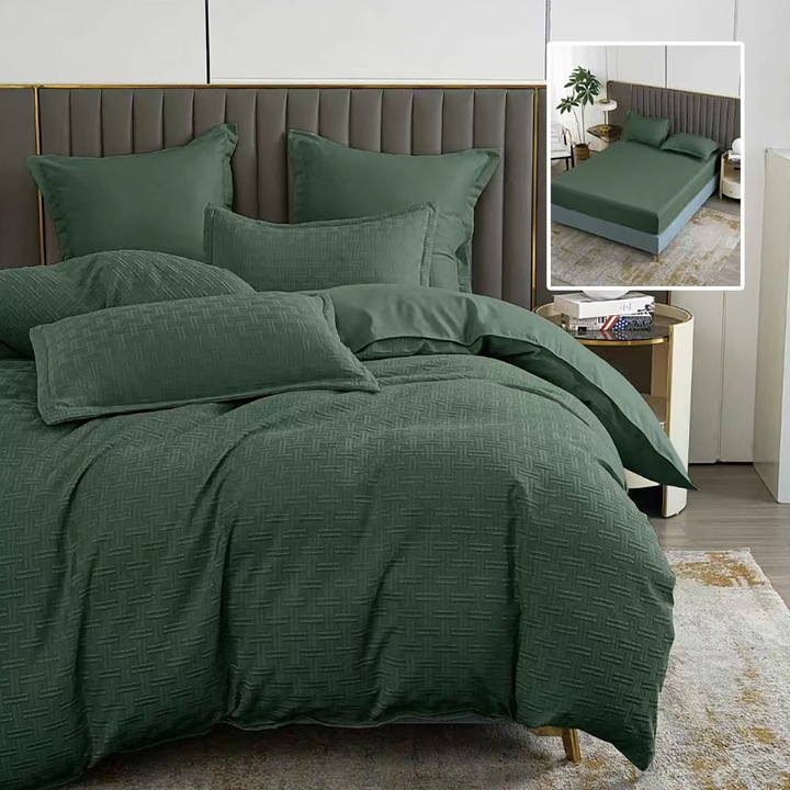 Lenjerie de pat Ralex Pucioasa Natur Uni Stripe 6 piese, verde, 230x250cm, 200x230cm, 50x70cm, 70x70cm