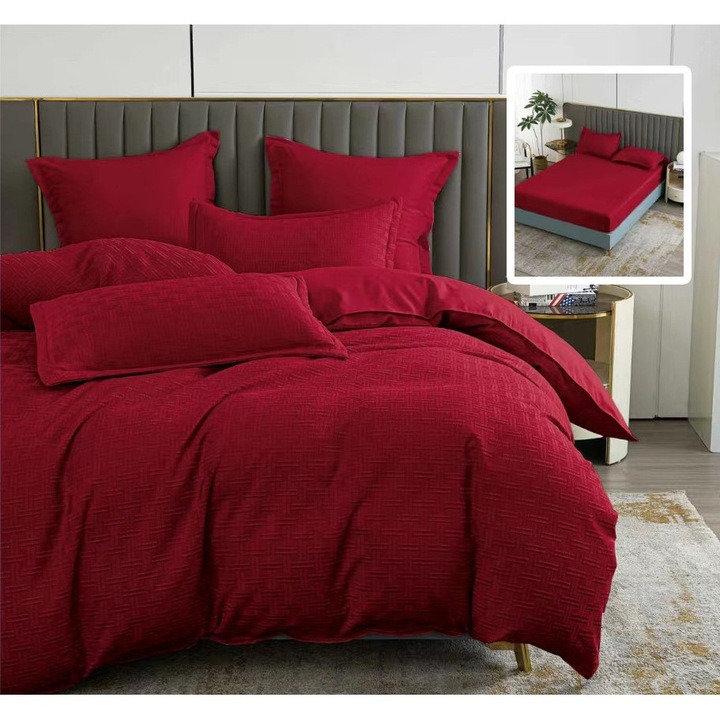 Lenjerie de pat Ralex Pucioasa Natur Uni Stripe, 6 piese, roșu, 230x250cm, 200x230cm, 50x70cm, 70x70cm