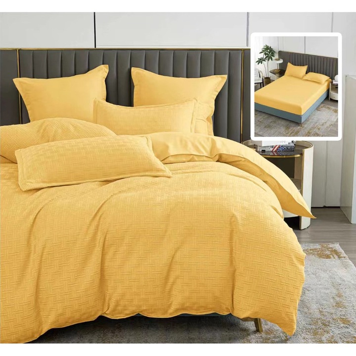 Lenjerie de pat Ralex Pucioasa, 6 piese, galben, 50% bumbac, 50% poliester, dimensiuni cearsaf: 230x250cm, cearsaf pilota: 200x230cm, fete perna: 50x70cm, 70x70cm