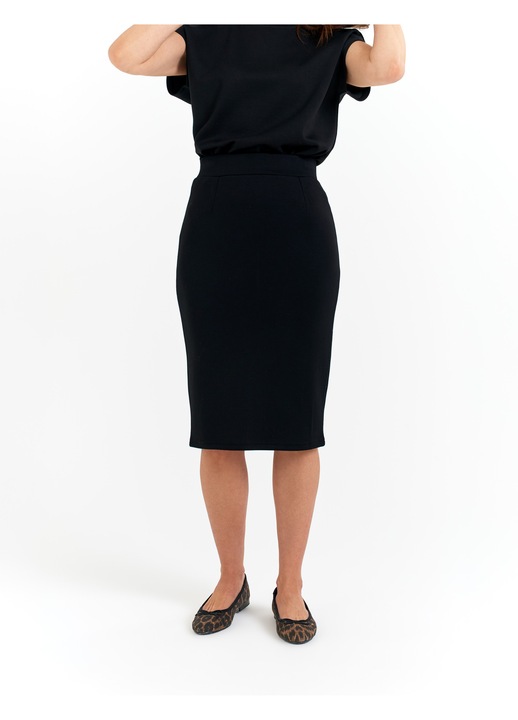 Fusta creion dama Moraj, eleganta, neagra, tricot din viscoza si poliester