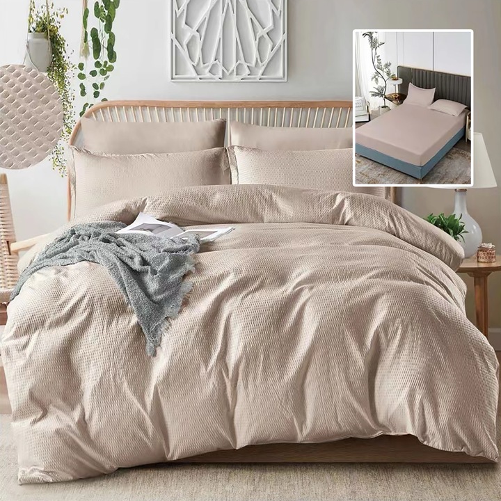 Lenjerie de pat creponată, Ralex Pucioasa, 6 piese, bej, 50% bumbac 50% poliester, 230x250cm, 200x230cm