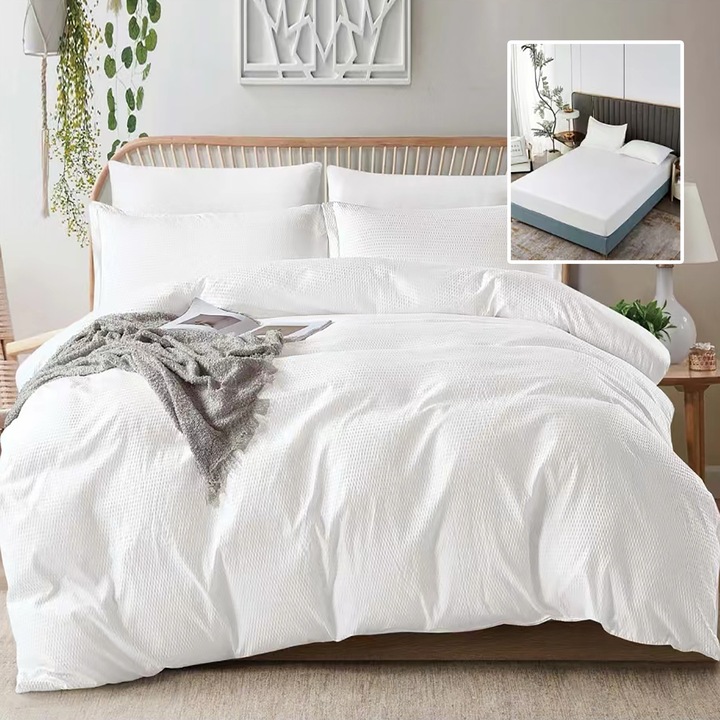 Lenjerie de pat creponată Ralex Pucioasa, 6 piese, alb, 50% bumbac, dimensiuni 230x250cm, 200x230cm, 50x70cm, 70x70cm