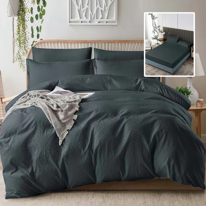 Lenjerie de pat creponată Ralex Pucioasa, 6 piese, policoton, negru, 230x250cm, 200x230cm, 50x70cm, 70x70cm