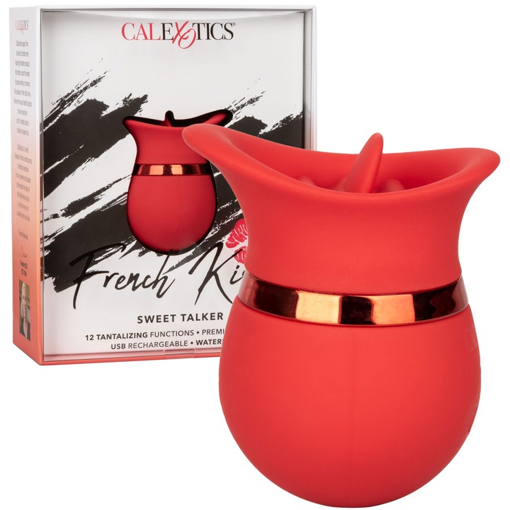 Vibrator stimulator clitoridian CalExotics, model French Kiss Sweet Talker, 12 functii de vibratie, rosu, 7x4,5cm