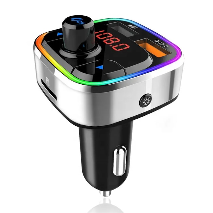Modulator FM Bluetooth 5.0, microSD card, USB, iluminare RGB, functie Siri