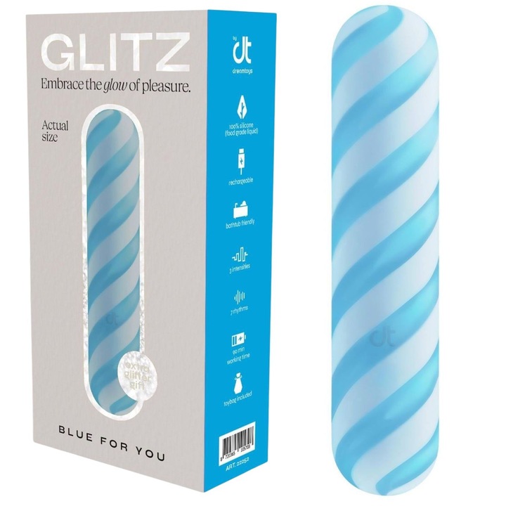 Klírosz vibrátor GLITZ, Dreamtoys, 7 ritmus, 3 sebesség, kék, 10,9x2,4cm, USB kábellel és tárolózsákkal