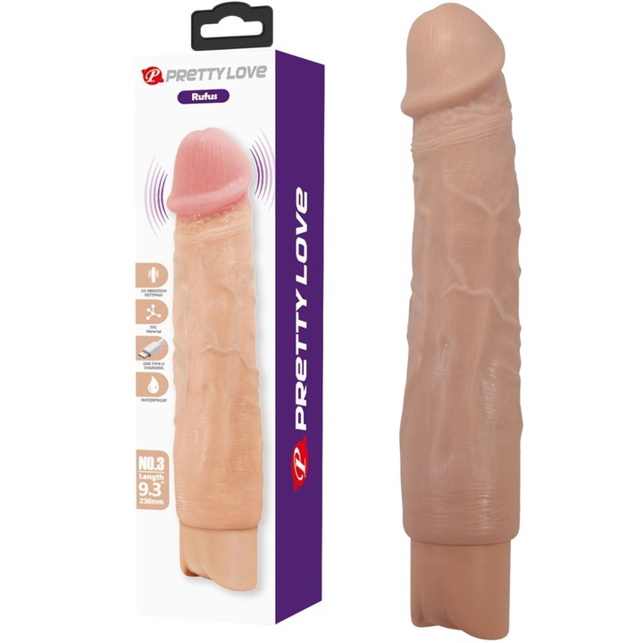 Вибратор реалистичен Pretty Love Rufus, 10 режима на вибрация, естествен цвят, 23,8x4,6см