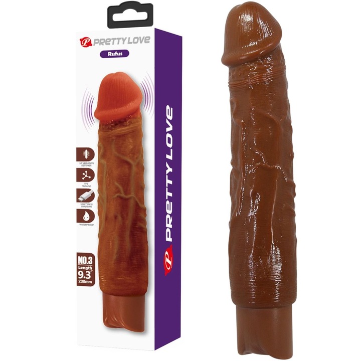 Вибратор реалистичен Pretty Love Rufus, 23,8x4,6см, кафяв, 10 режима на вибрация, USB зареждане