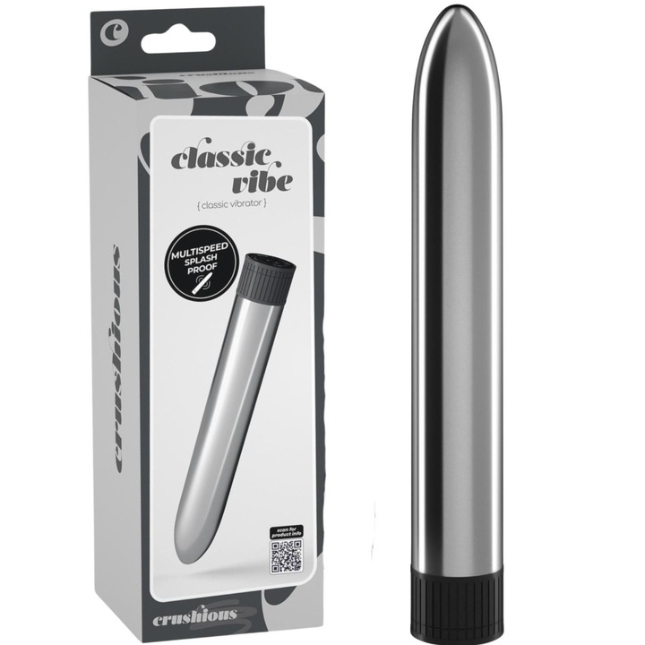 Klasszikus vibrátor, ezüst, 17,5x2,6cm, manuális, cseppálló, Crushious