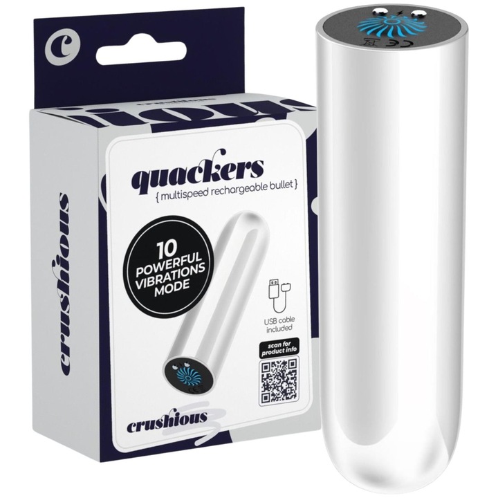 QUACKERS klitorisz vibrátor, Crushious, ezüst, 8,6x2,5cm, vízálló, USB tápellátású