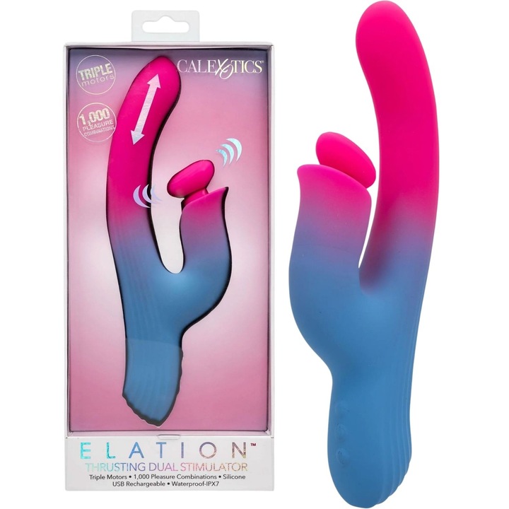 Vibrator rabbit cu stimulare dubla, CalExotics, 14cm, 3,3cm, multicolor, cu functie de impingere, USB