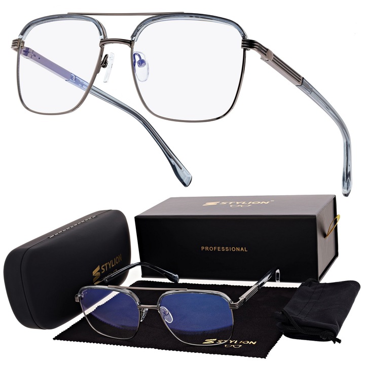Ochelari de vedere STYLION, model pilot, transparent gri + grafit, cu filtru Blue Light, set complet cu accesorii