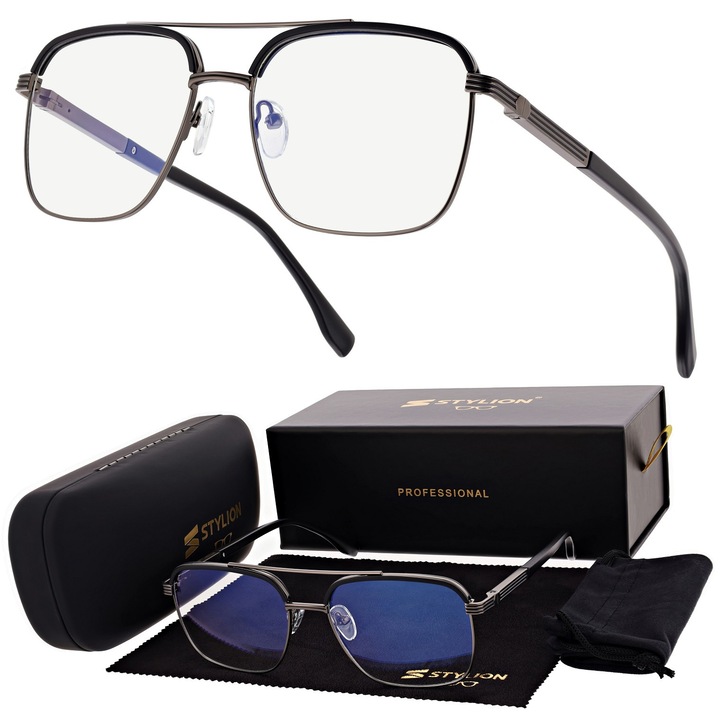 Ochelari aviator cu lentile zero si filtru Blue Light 25177A, negru/grafit, stylion