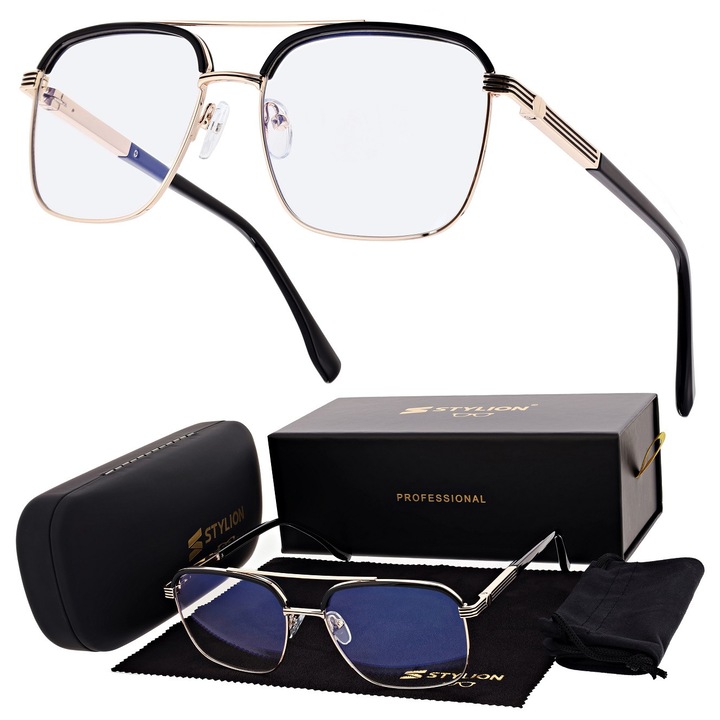 Ochelari de vedere unisex STYLION, pilotki, cu filtru Blue Light, negru/auriu, set complet cu accesorii