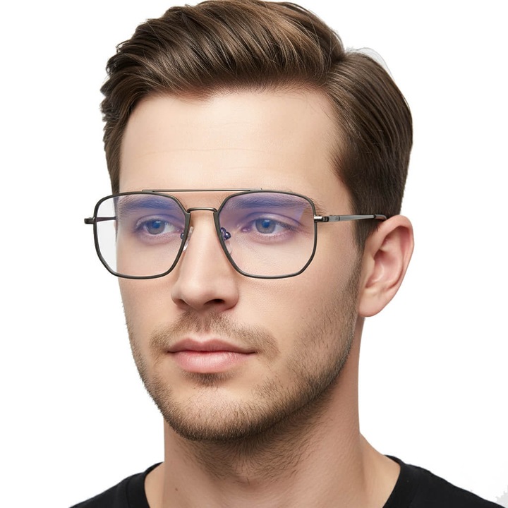 Ochelari de vedere unisex Stylion model 25121B, cu filtru de lumina albastra, opaca si lucioasa, gri-grafit, dimensiuni 13.5x4.5cm, set complet.