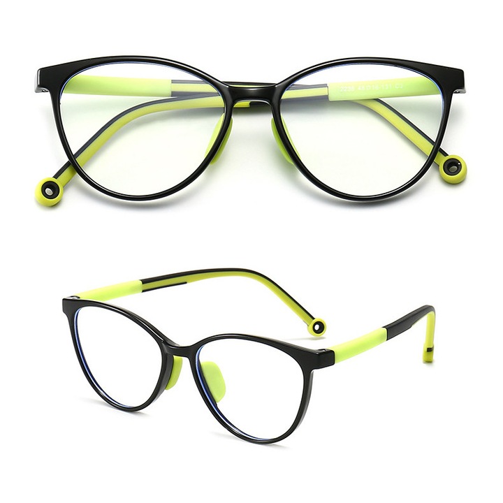 Ochelari de vedere pentru copii, Stylion, set cu accesorii, culoare negru-verde, cu filtru Blue Light, dimensiuni 12.1x4.1cm