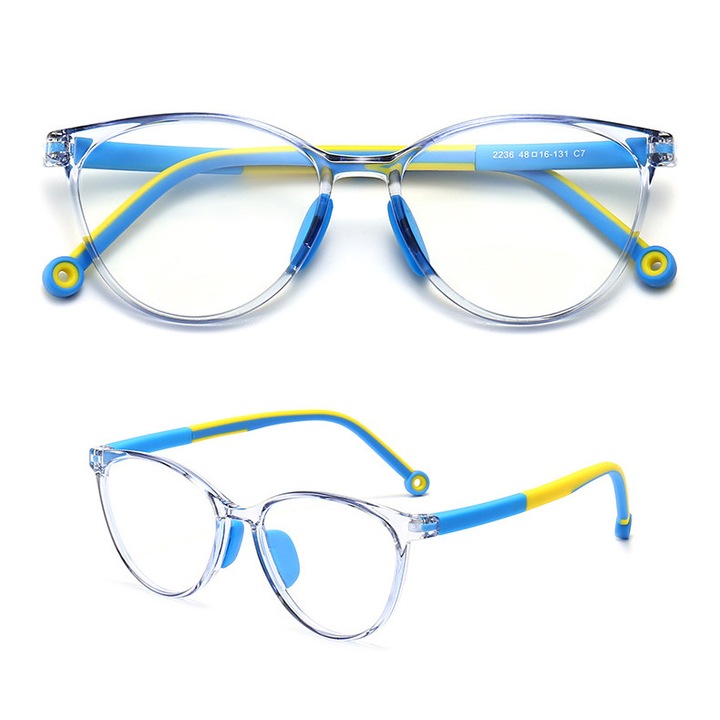 Ochelari de vedere pentru copii, Stylion, set cu accesorii, transparent-niebun si galben, cu filtru Blue Light, dimensiuni 12.1x4.1cm