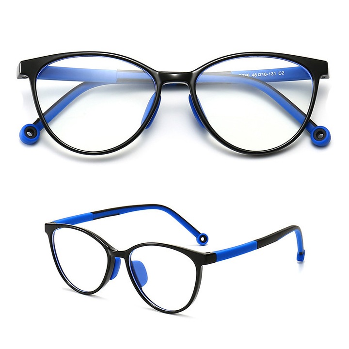 Ochelari de vedere pentru copii, Stylion, model kocie ochi, cu filtru Blue Light, culoare negru-albastru, set cu accesorii