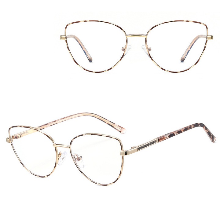 Ochelari pentru fete, Stylion, Model Cat Eye, fara dioptrii, Protectie calculator, Leopard/Auriu