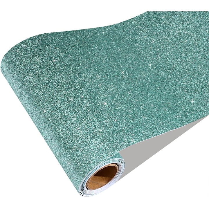 Tapet albastru deschis cu sclipici, bordura autoadeziva, folie sclipitoare, folie adeziva autoadeziva turcoaz deschis, folie pentru mobila, tapet texturat, folie pentru dulap, 20cm x 200cm