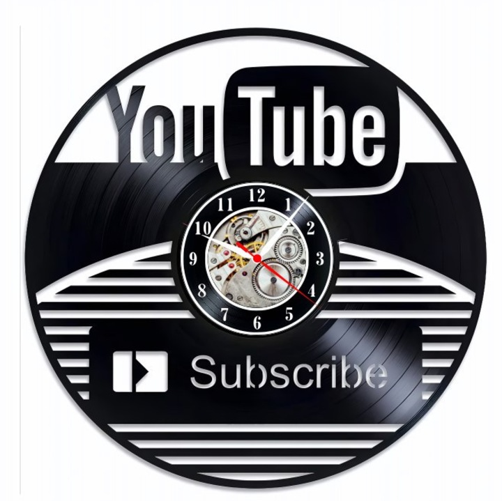 Dekoratív falióra "YouTube Creator - Subscribe Edition", bakelitlemezből (Vinyl Record) készült, Social Media & Tech design, Fekete, 30 cm
